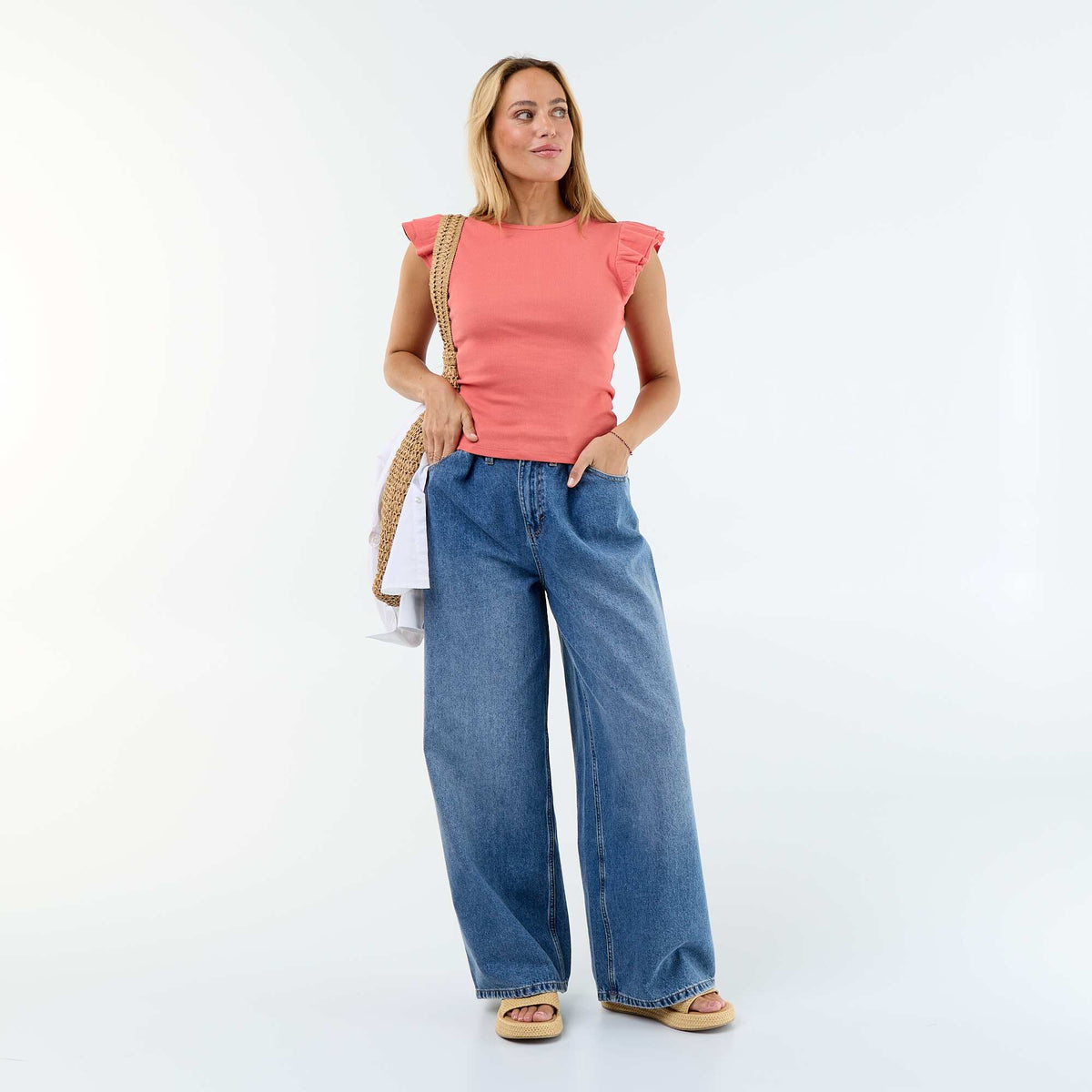 Camiseta acanalada con mangas de volantes NARANJA