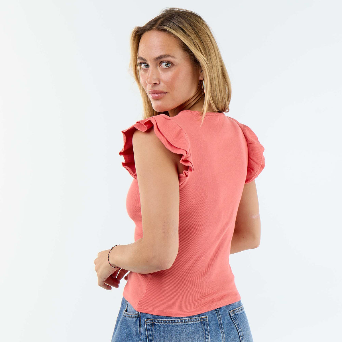 Camiseta acanalada con mangas de volantes NARANJA