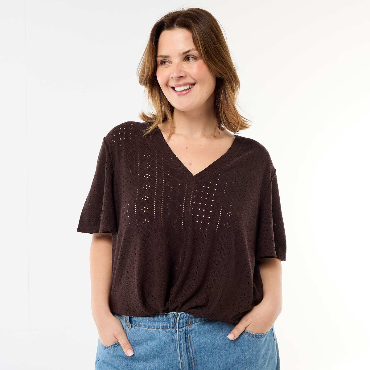 Camiseta lisa de punto calado MARRON