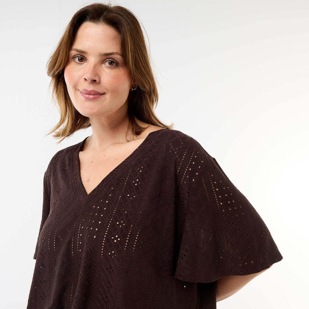 Camiseta lisa de punto calado MARRON