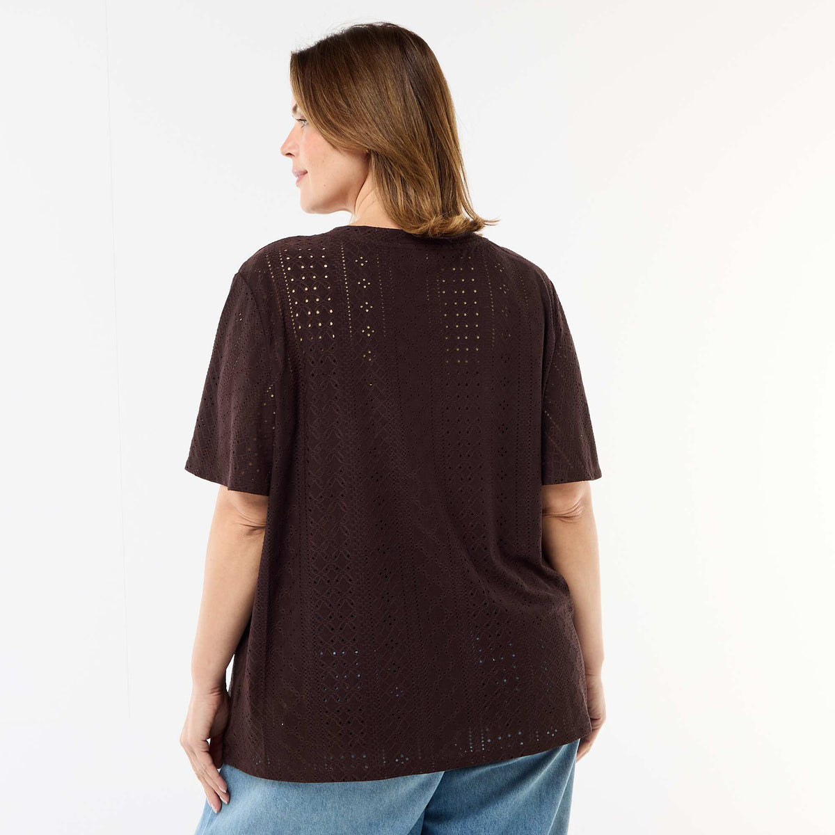 Camiseta lisa de punto calado MARRON