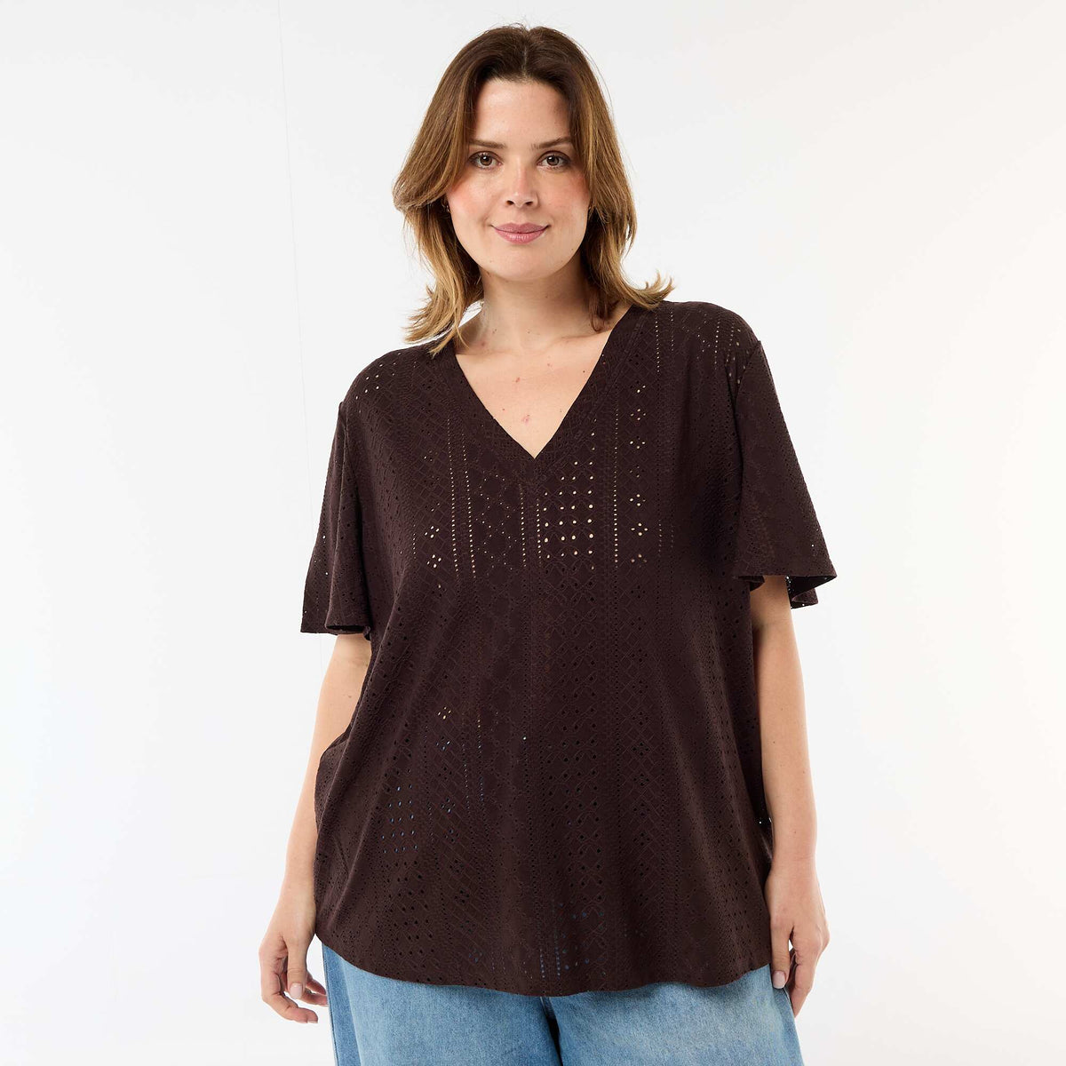 Camiseta lisa de punto calado MARRON