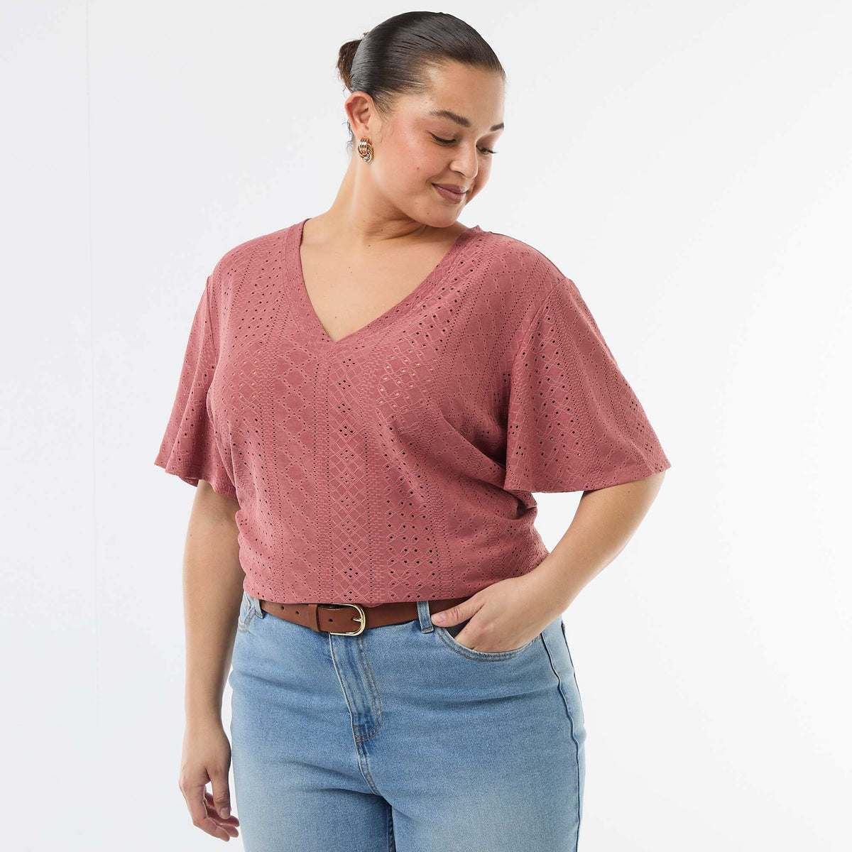 Camiseta lisa de punto calado ROSA
