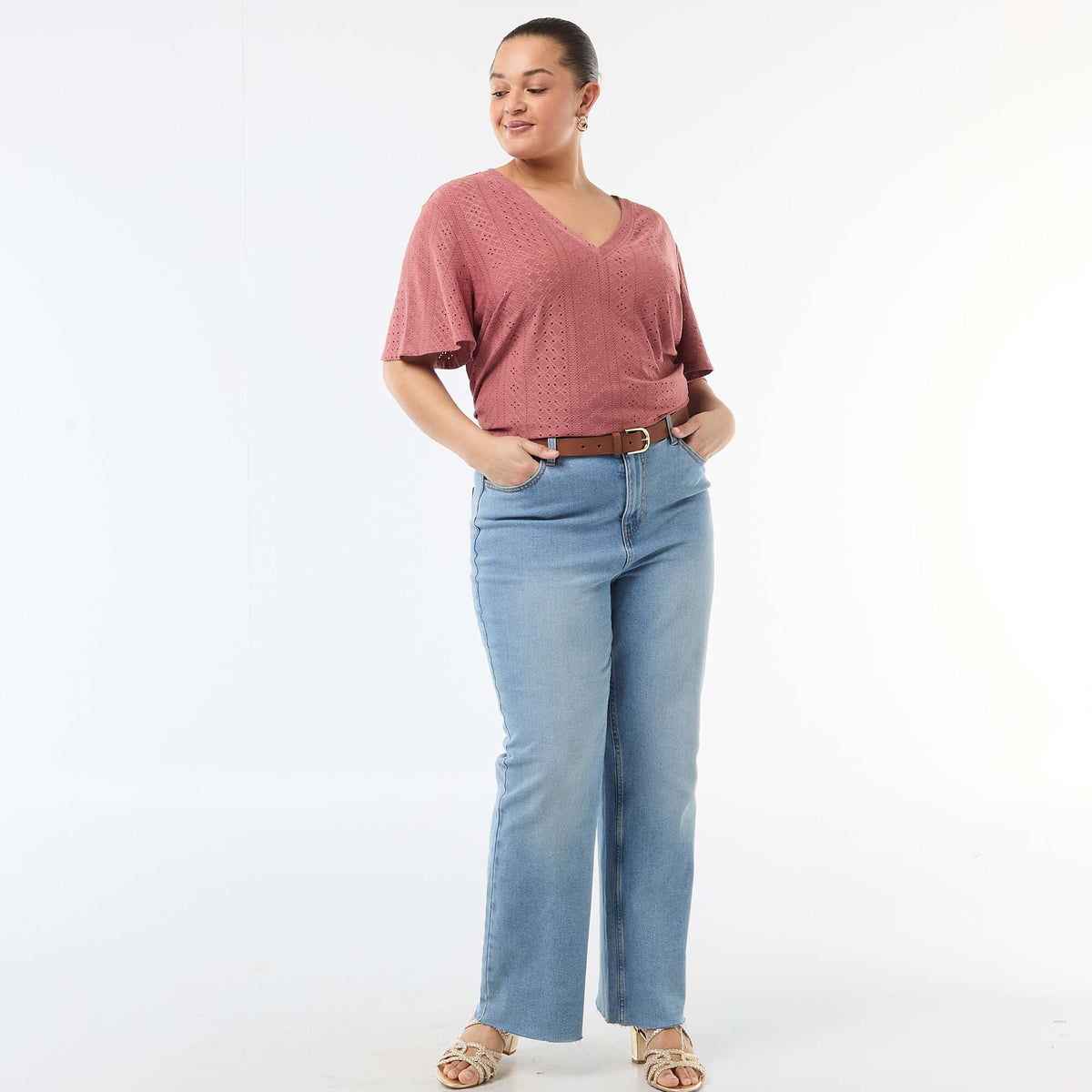 Camiseta lisa de punto calado ROSA