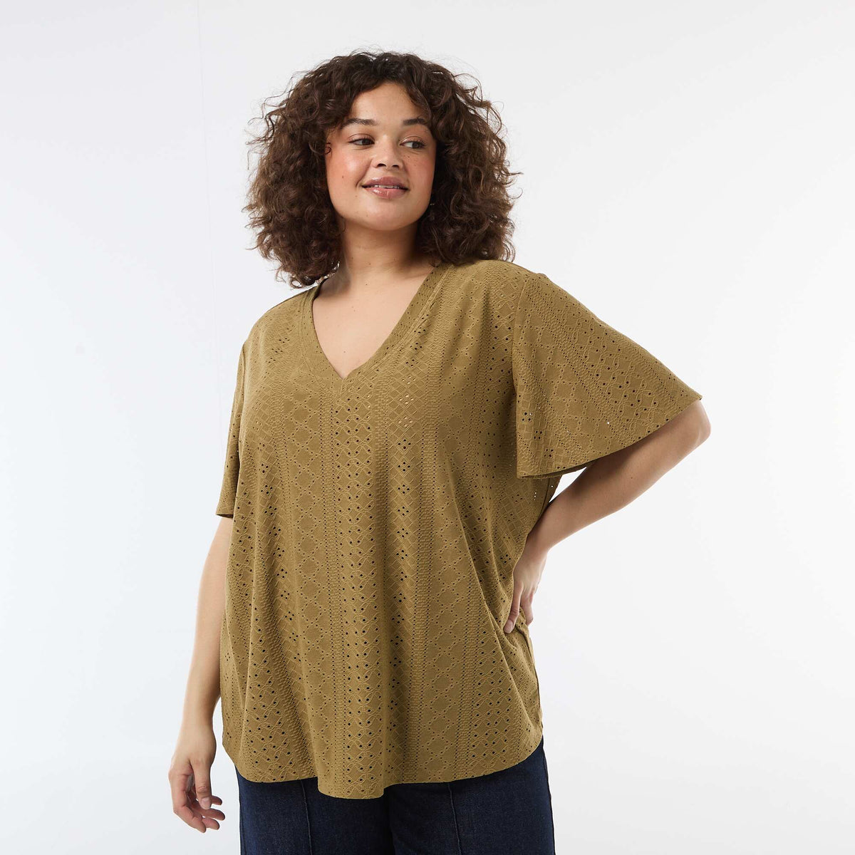 Camiseta lisa de punto calado VERDE