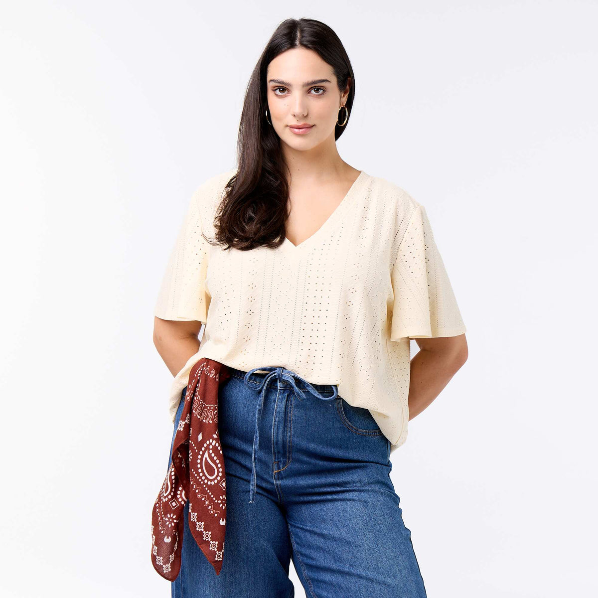 Camiseta lisa de punto calado BEIGE