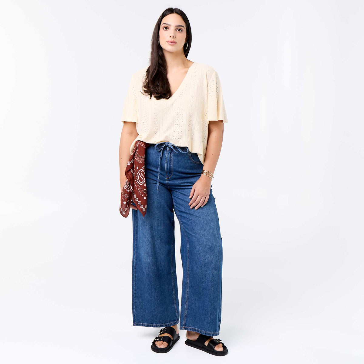 Camiseta lisa de punto calado BEIGE