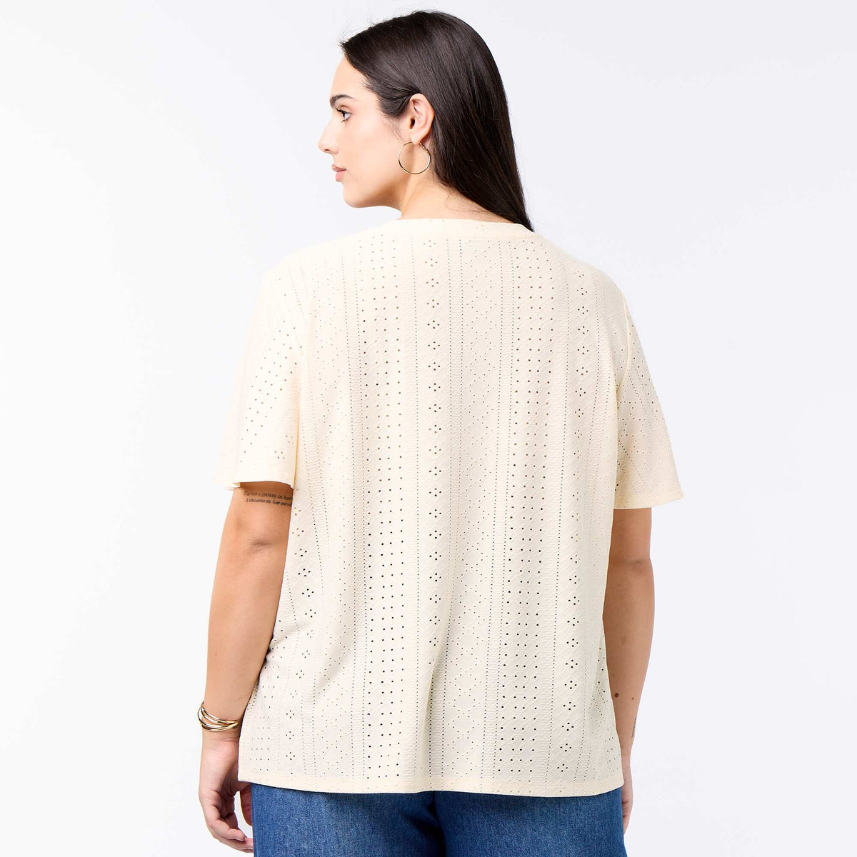 Camiseta lisa de punto calado BEIGE