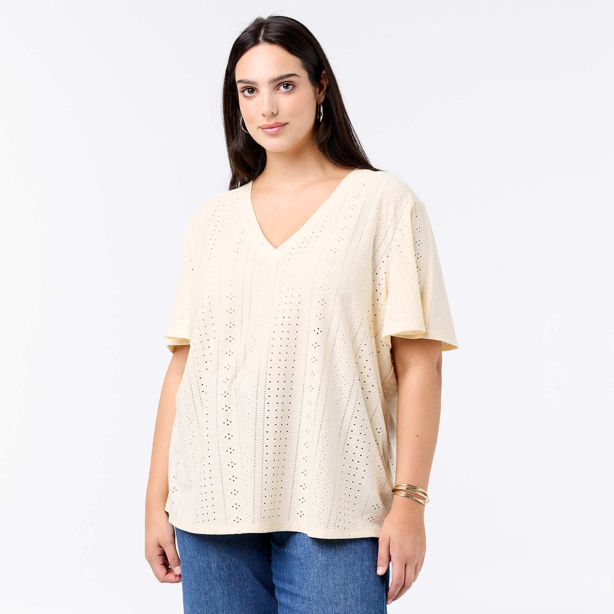 Camiseta lisa de punto calado BEIGE