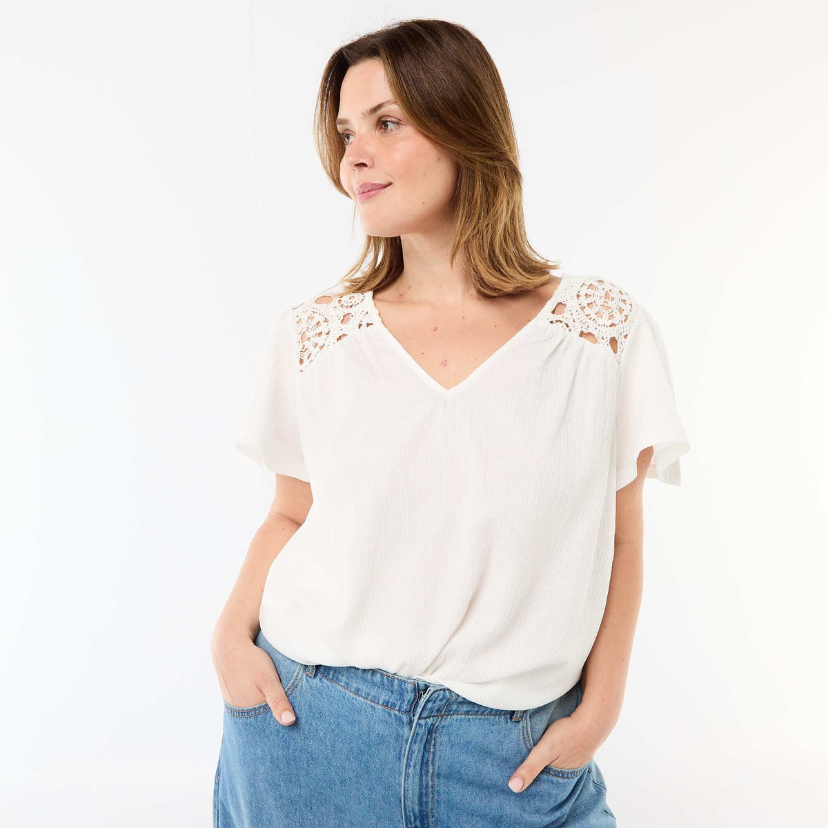 Camiseta de punto crepé y macramé BLANCO
