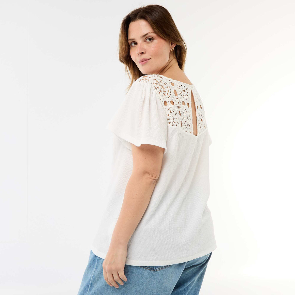 Camiseta de punto crepé y macramé BLANCO