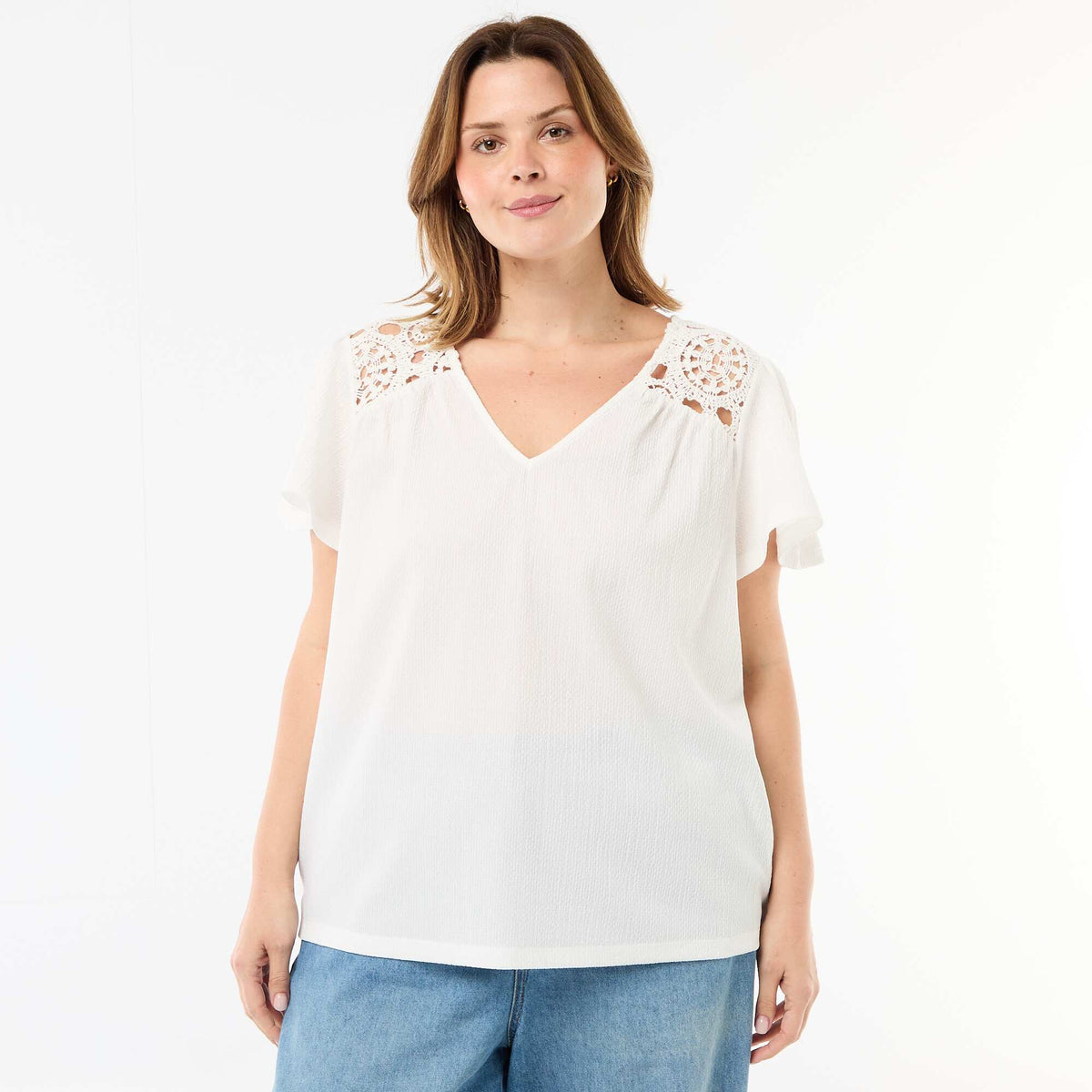 Camiseta de punto crepé y macramé BLANCO