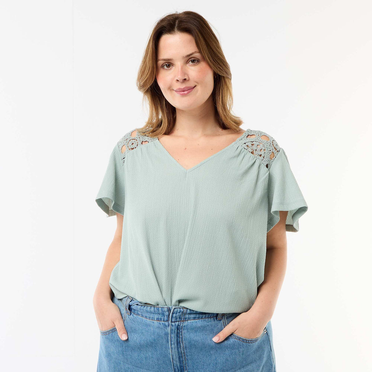 Camiseta de punto crepé y macramé AZUL