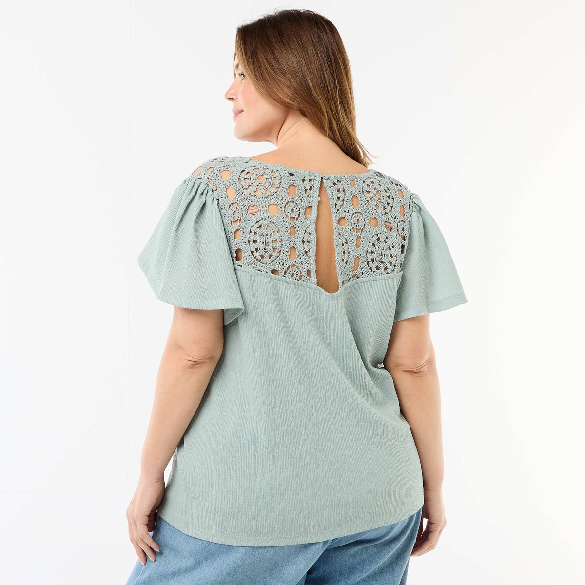 Camiseta de punto crepé y macramé AZUL