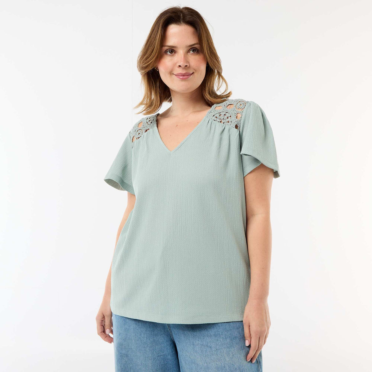 Camiseta de punto crepé y macramé AZUL