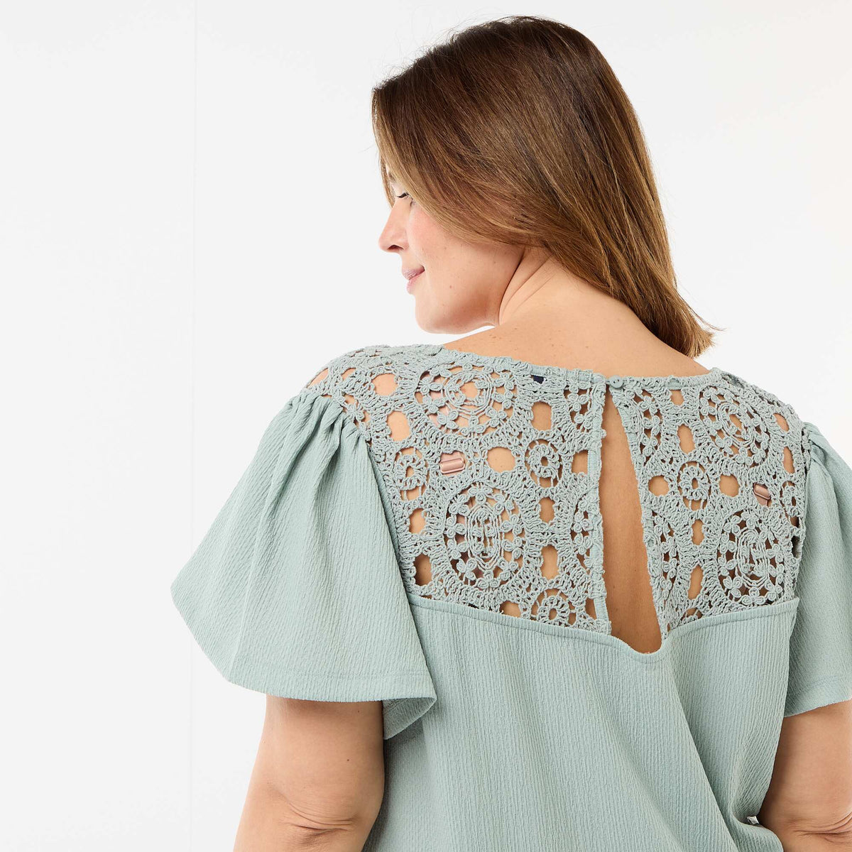 Camiseta de punto crepé y macramé AZUL