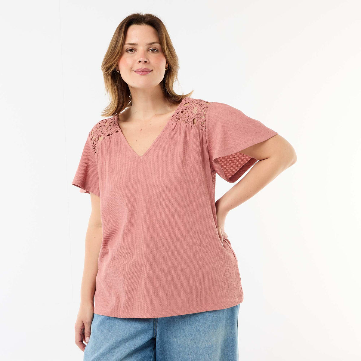 Camiseta de punto crepé y macramé ROSA