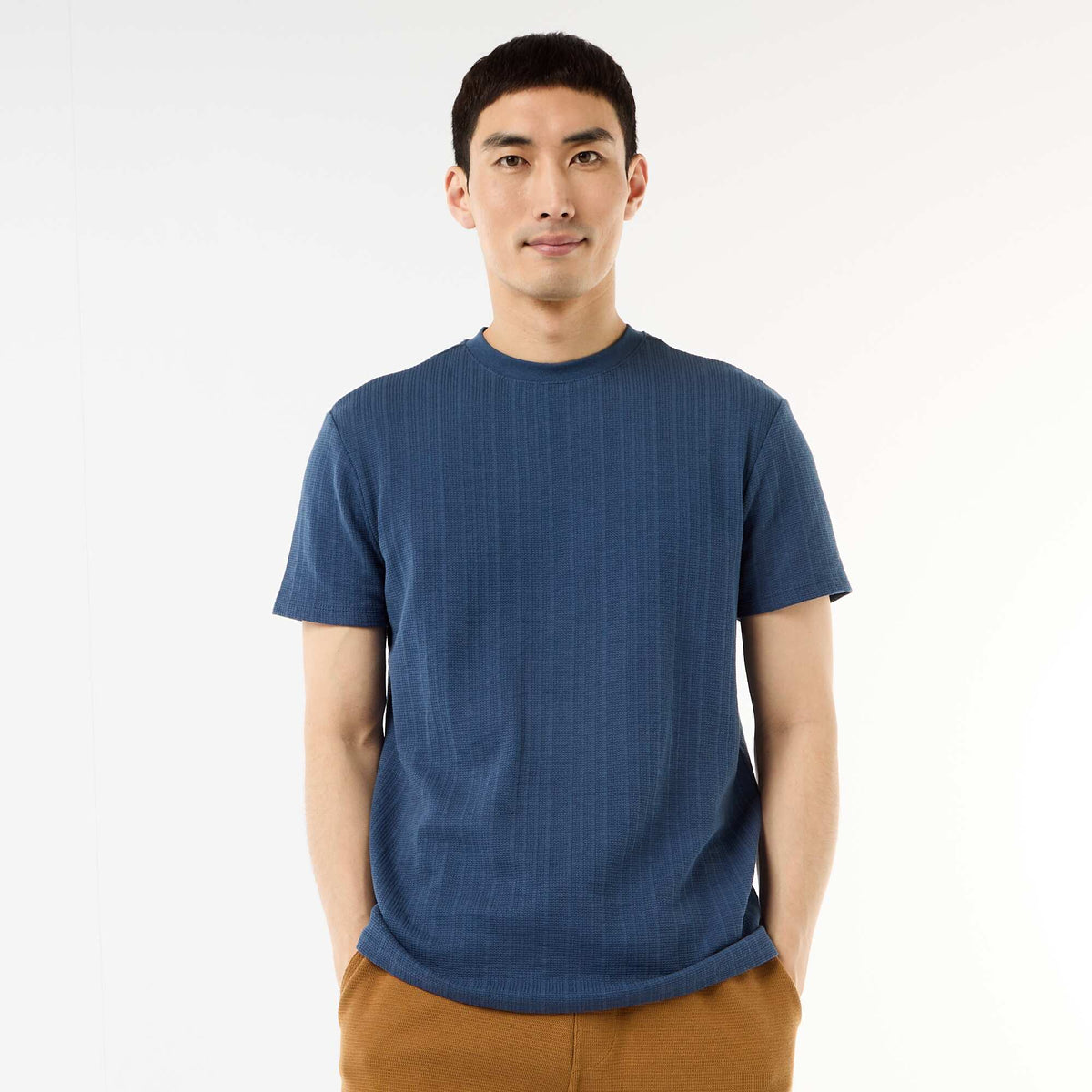Camiseta lisa de manga corta en punto fantasía AZUL