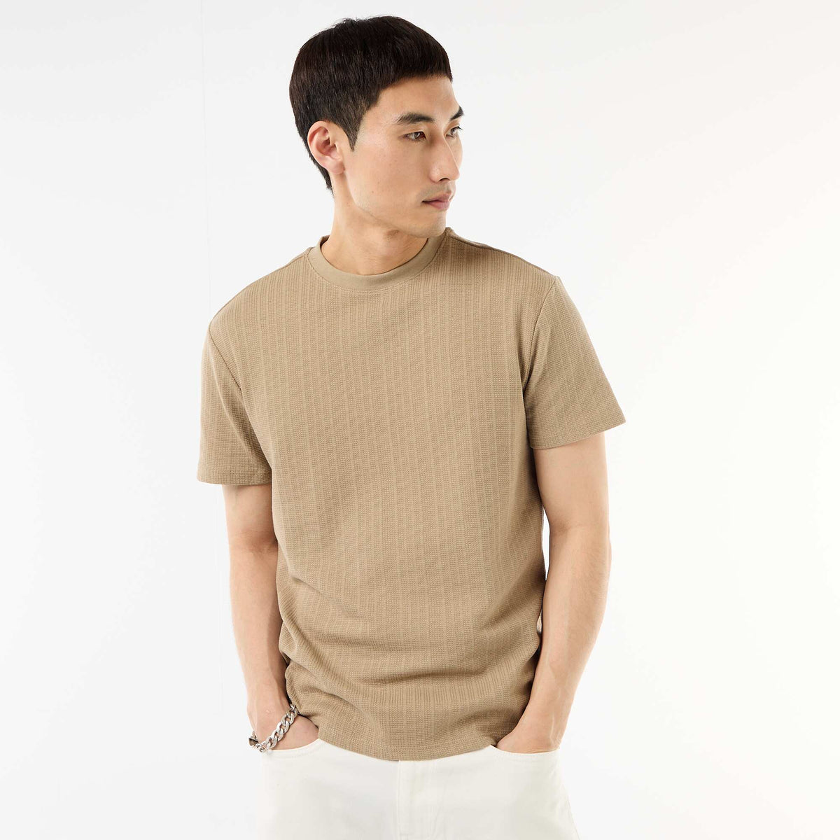 Camiseta lisa de manga corta en punto fantasía BEIGE