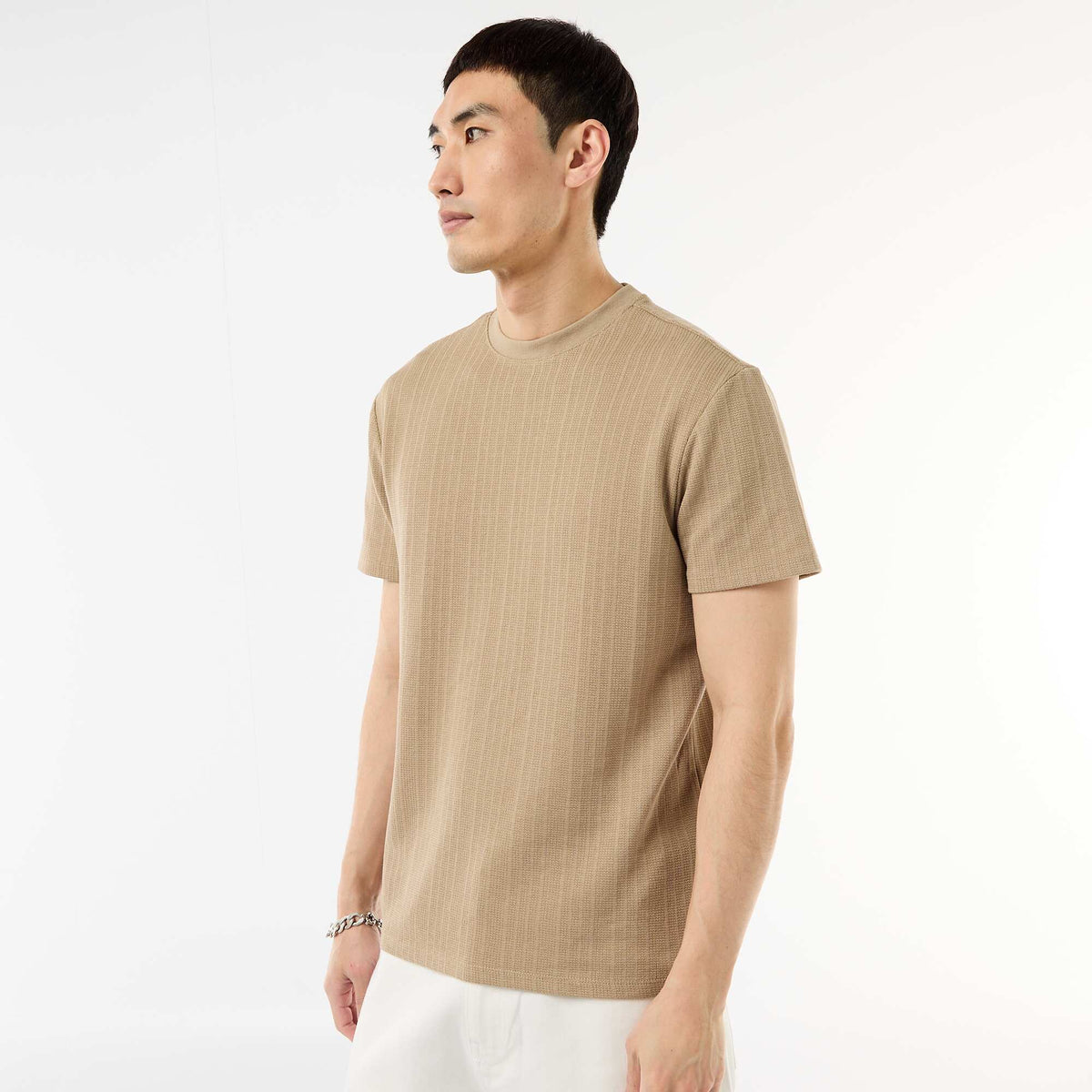 Camiseta lisa de manga corta en punto fantasía BEIGE