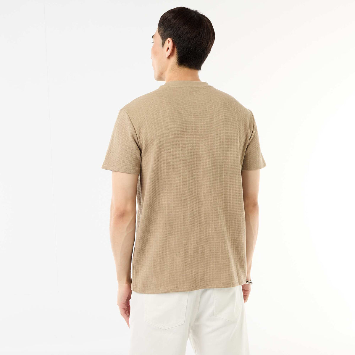 Camiseta lisa de manga corta en punto fantasía BEIGE
