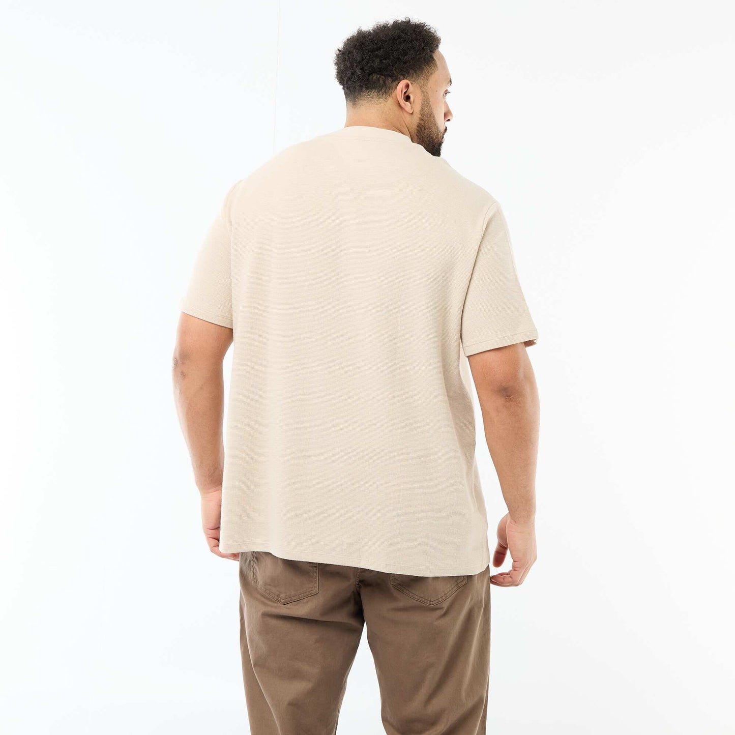 Camiseta de manga corta y cuello redondo en jacquard de algodón BEIGE