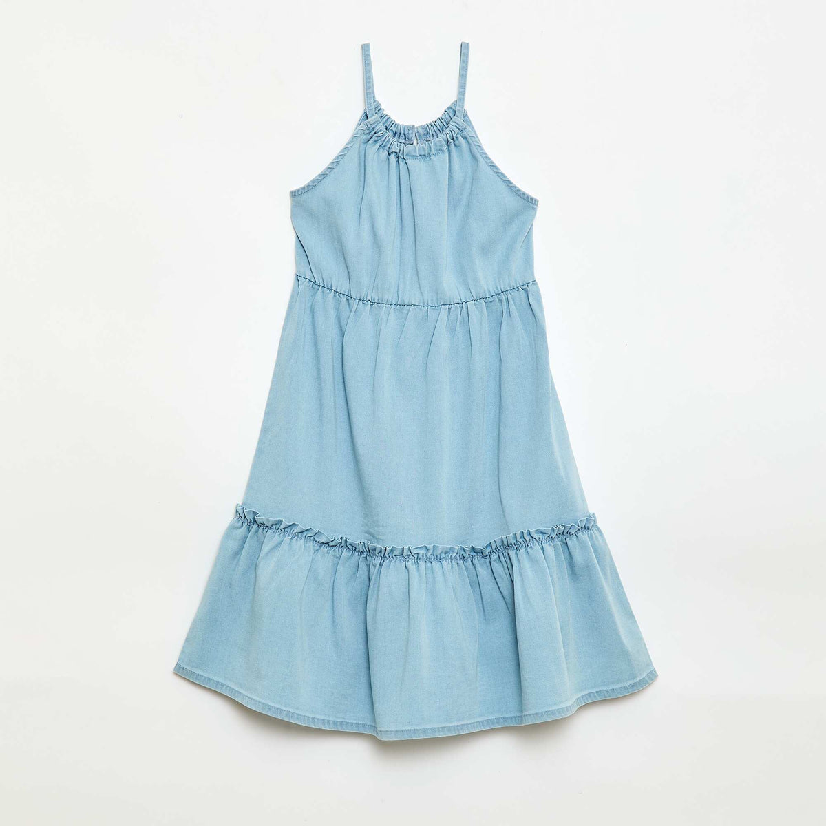 Vestido liso de tirantes y volantes AZUL