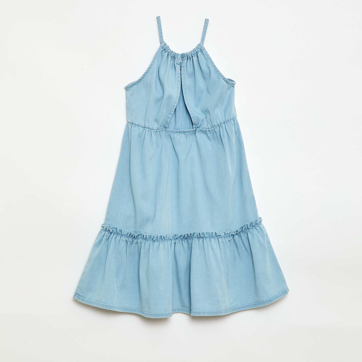 Vestido liso de tirantes y volantes AZUL
