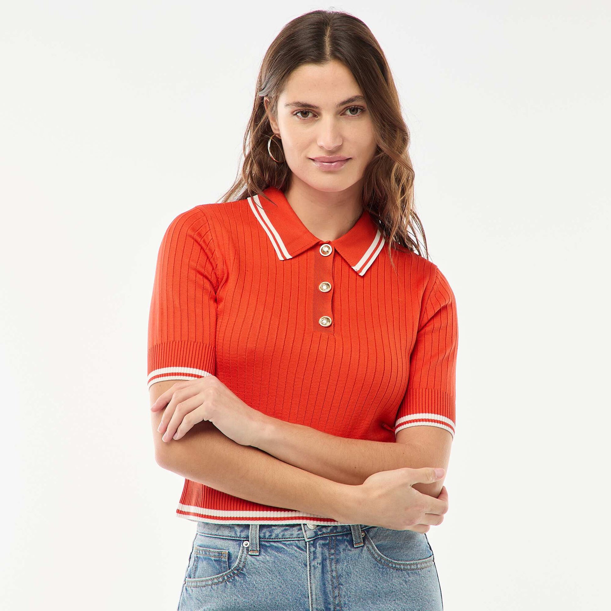 Sweater remera de canalé con botones marineros dorados NARANJA