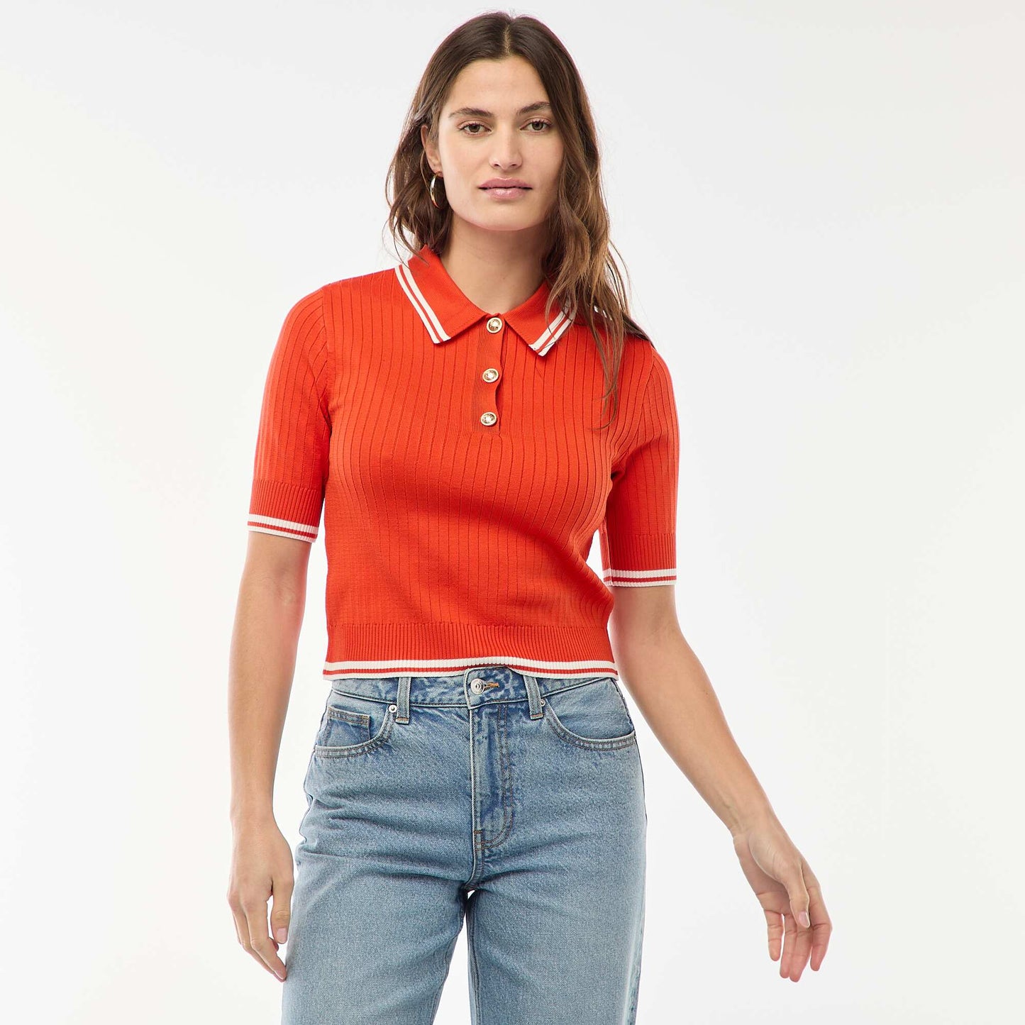Sweater remera de canalé con botones marineros dorados NARANJA