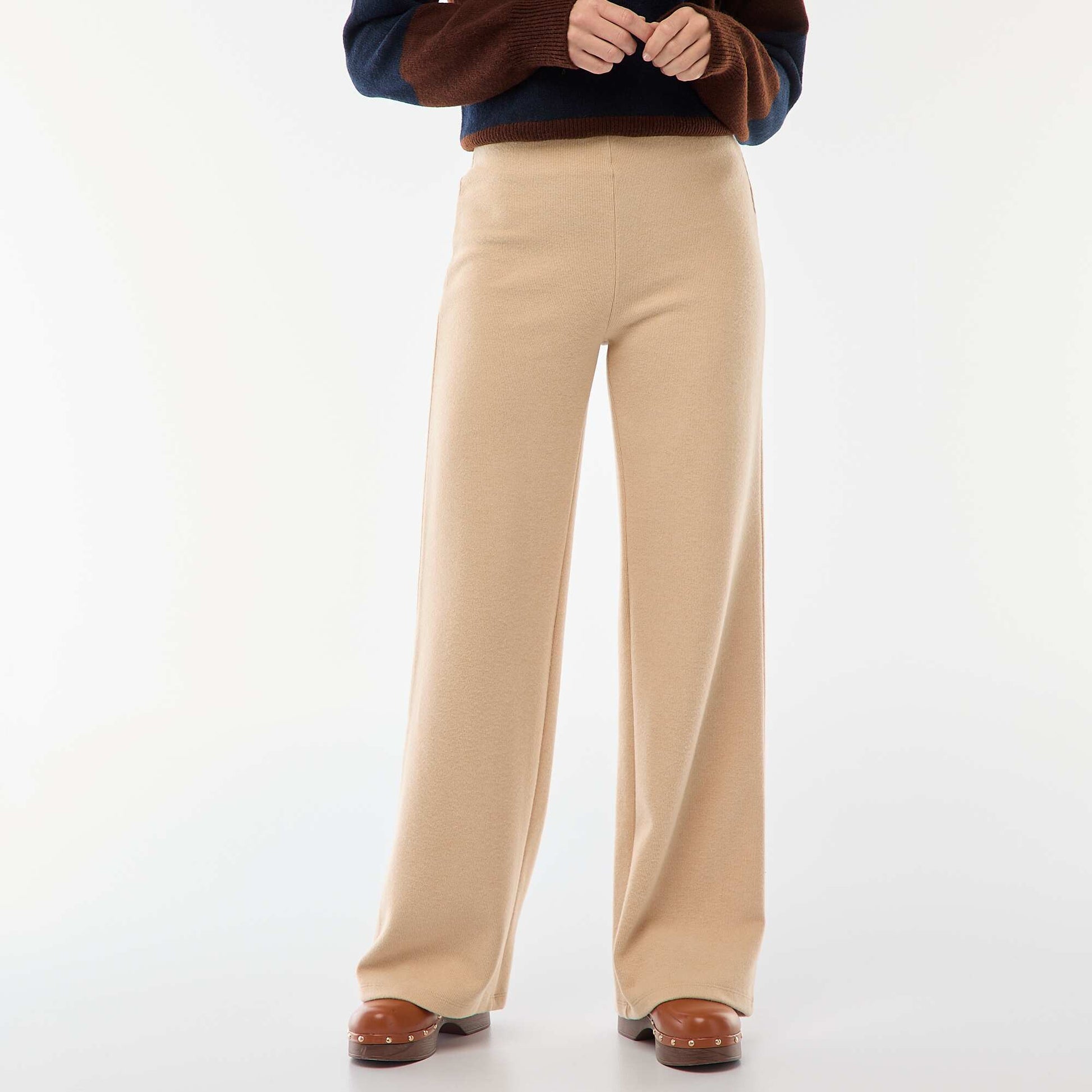 Pantalón wide leg de punto suave BEIGE