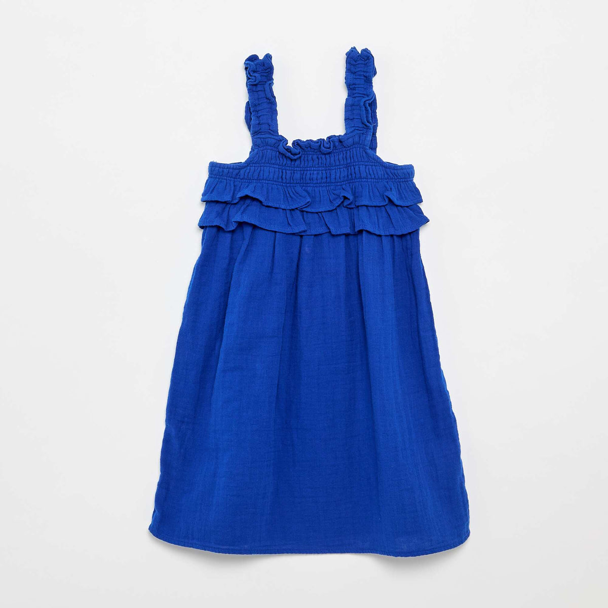 Vestido de tirantes con nido de abeja y volantes AZUL
