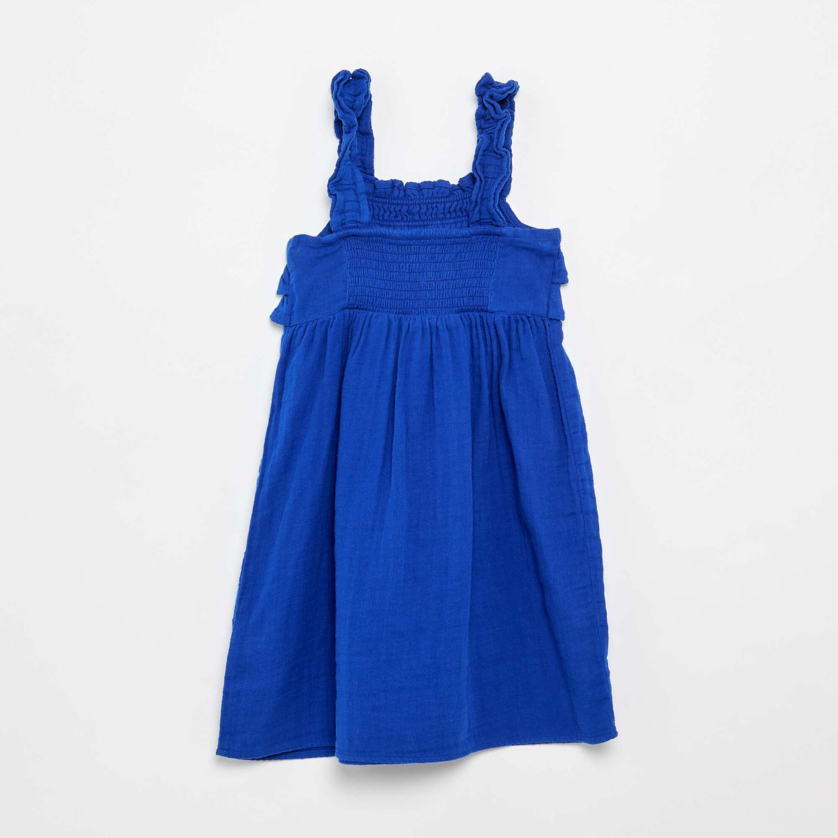 Vestido de tirantes con nido de abeja y volantes AZUL