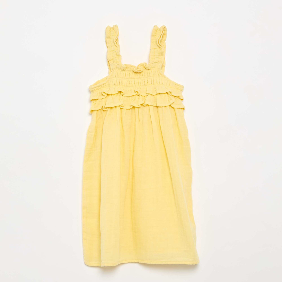 Vestido de tirantes con nido de abeja y volantes AMARILLO