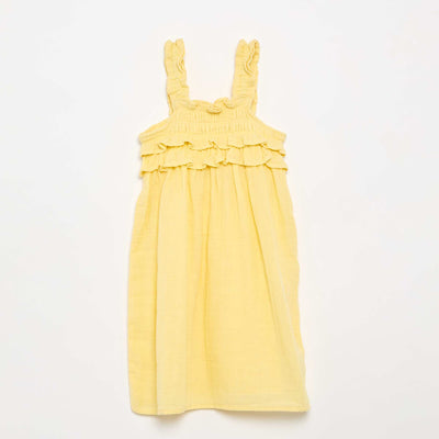 Vestido de tirantes con nido de abeja y volantes AMARILLO