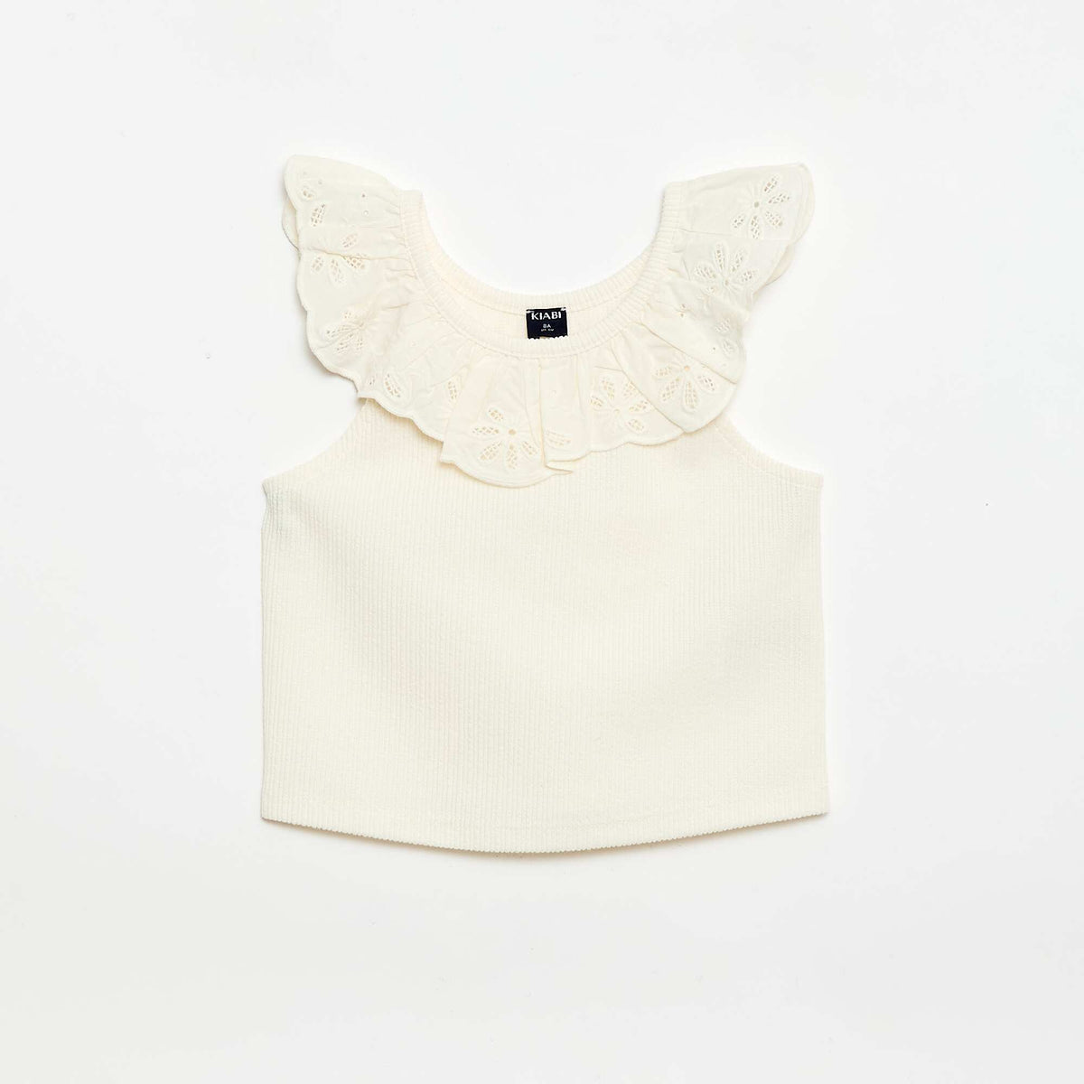 Top de tirantes de canalé con cuello bordado BEIGE