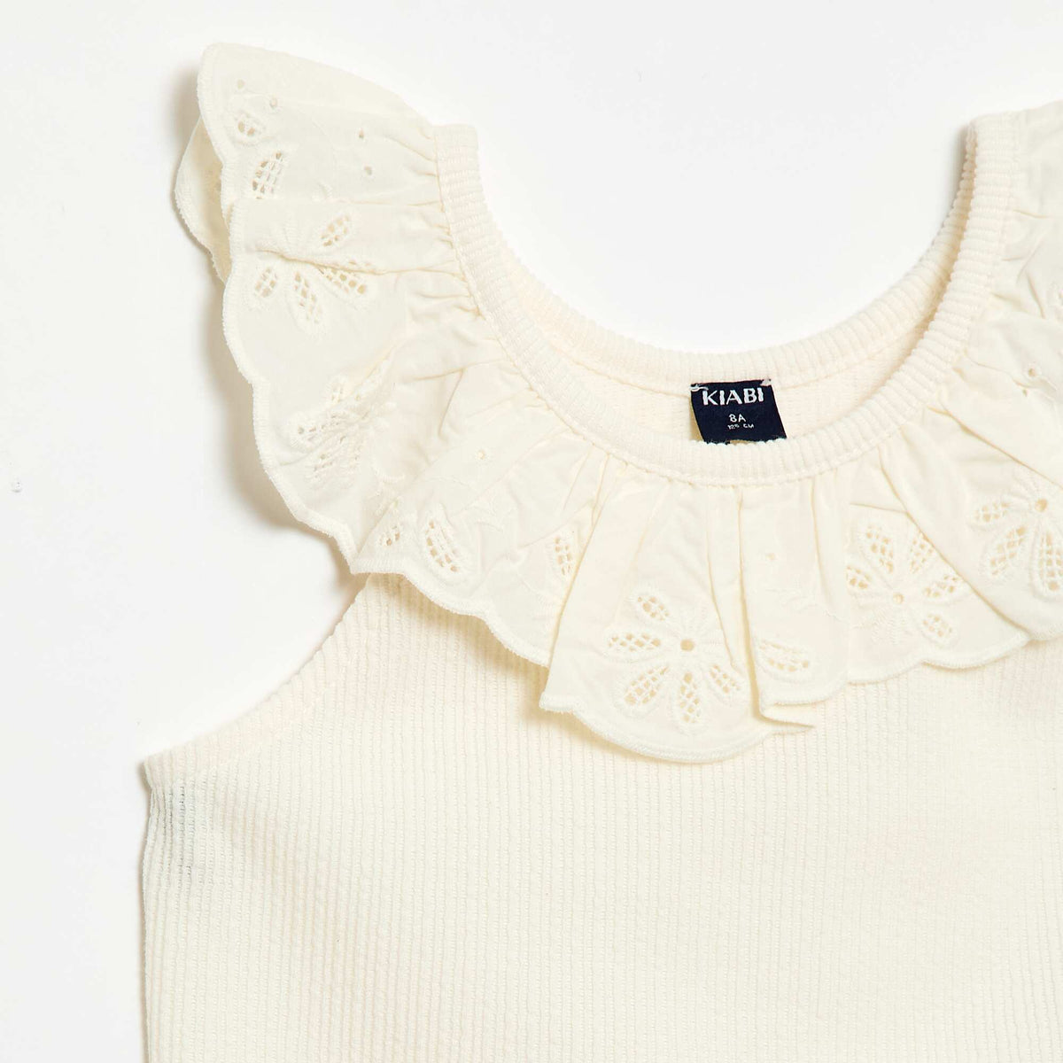 Top de tirantes de canalé con cuello bordado BEIGE