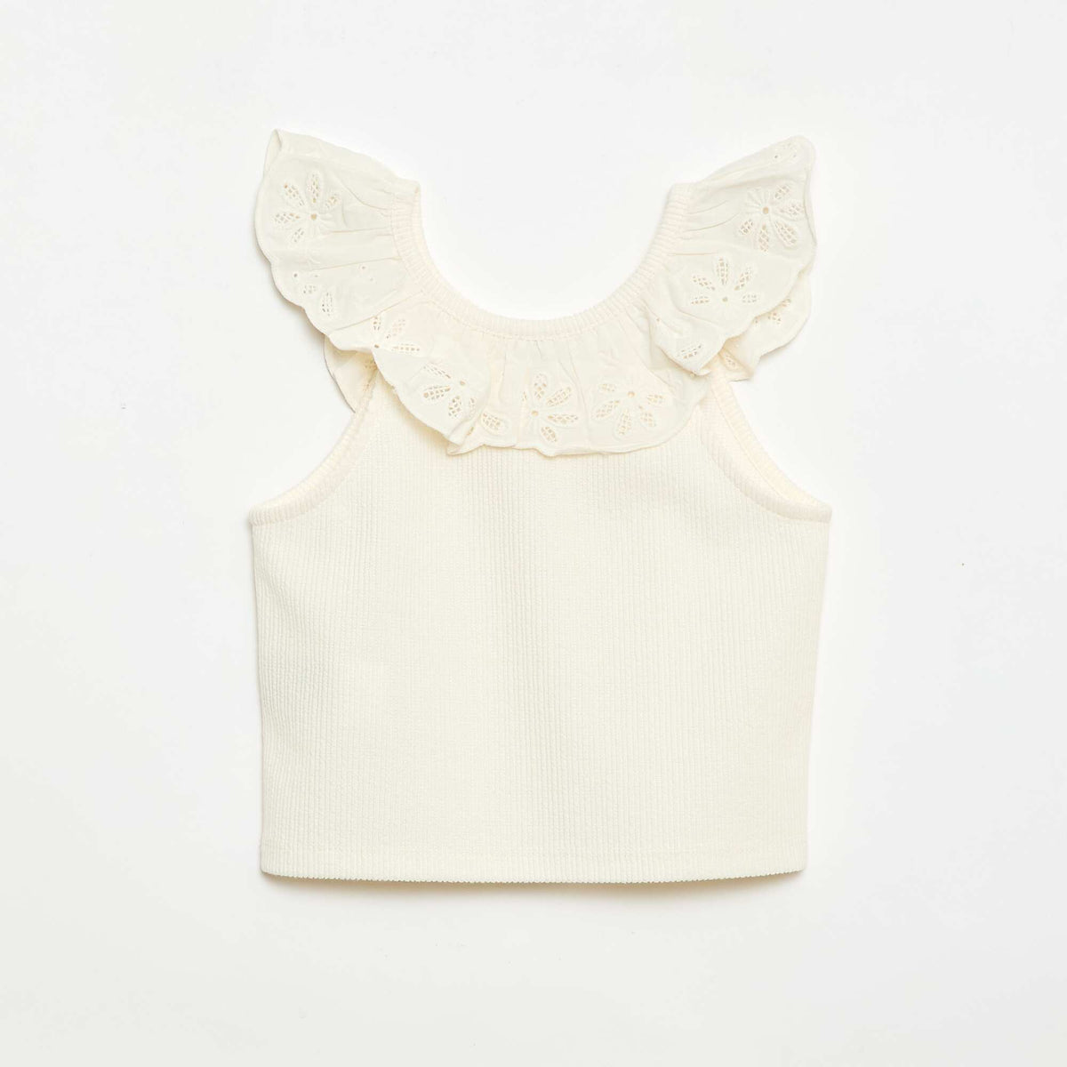 Top de tirantes de canalé con cuello bordado BEIGE