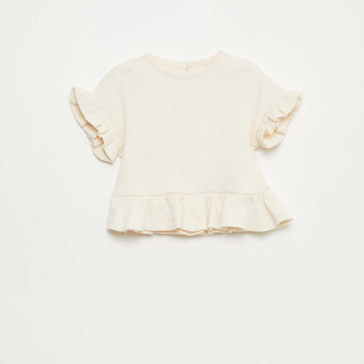 Camiseta de canalé con volantes en los bordes BEIGE