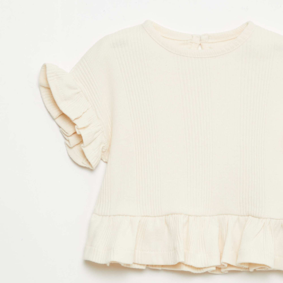 Camiseta de canalé con volantes en los bordes BEIGE