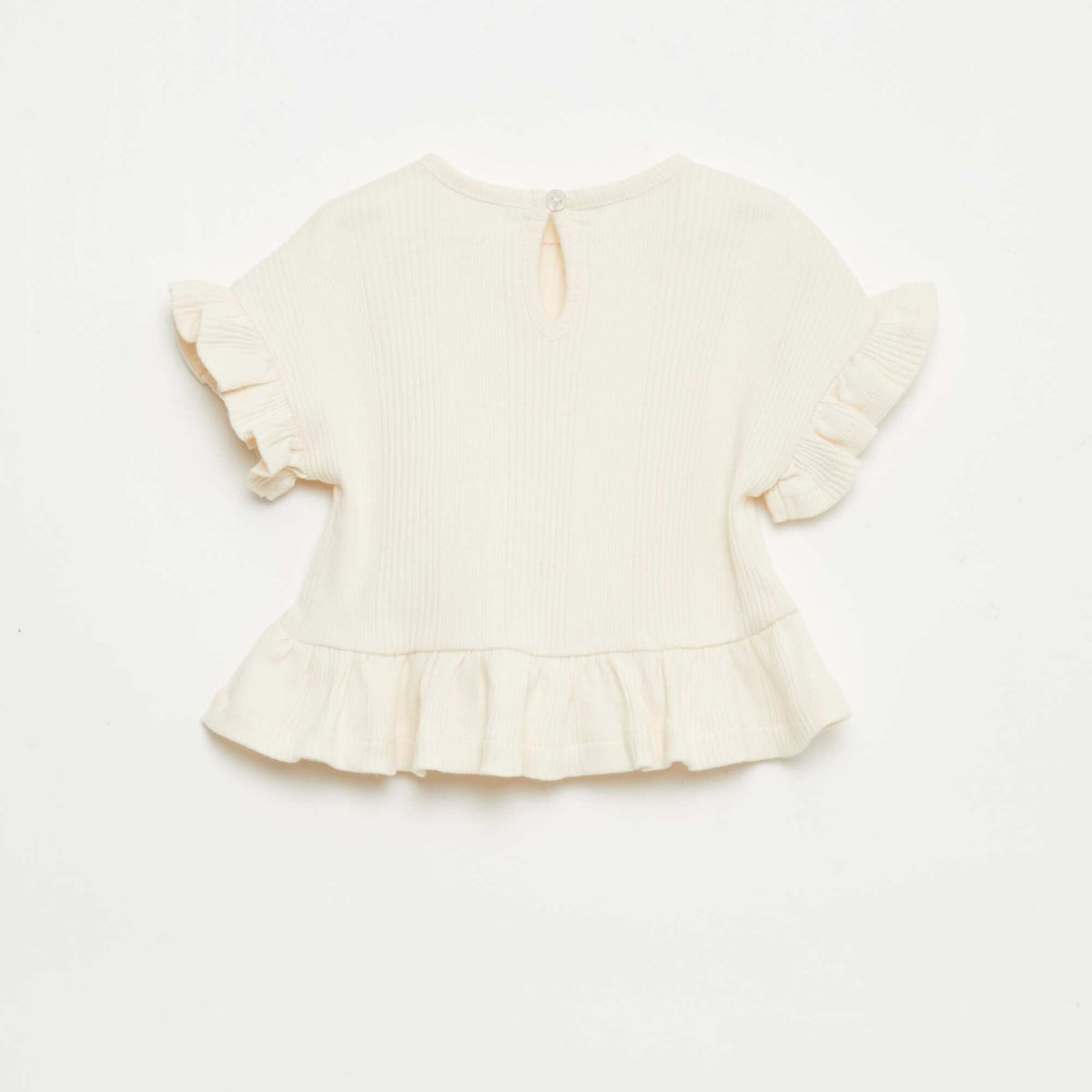 Camiseta de canalé con volantes en los bordes BEIGE
