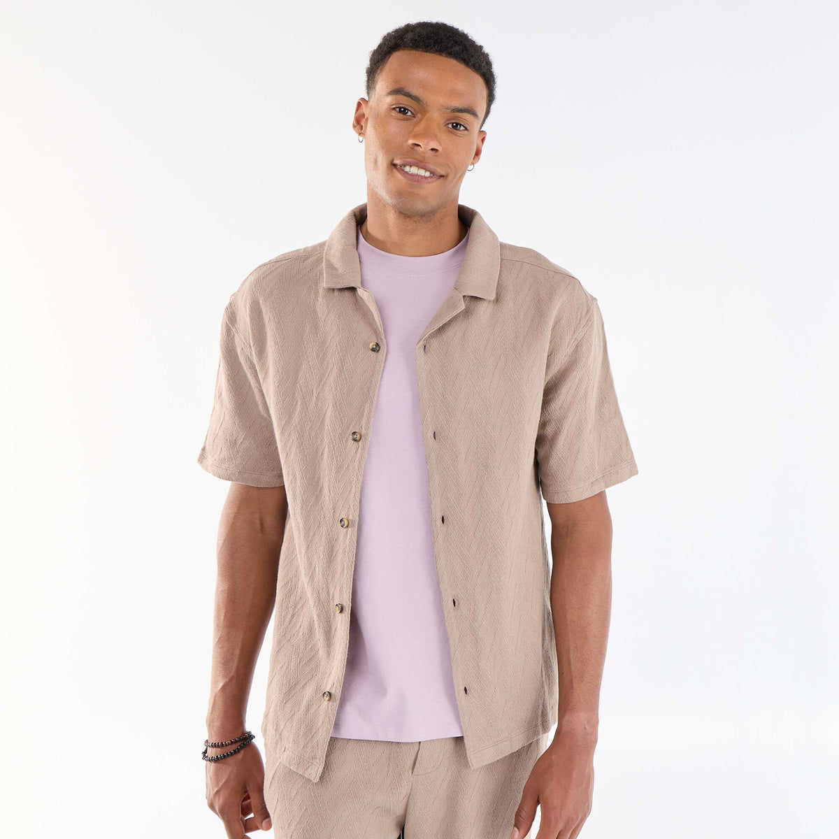 Camisa de manga corta de punto jacquard BEIGE