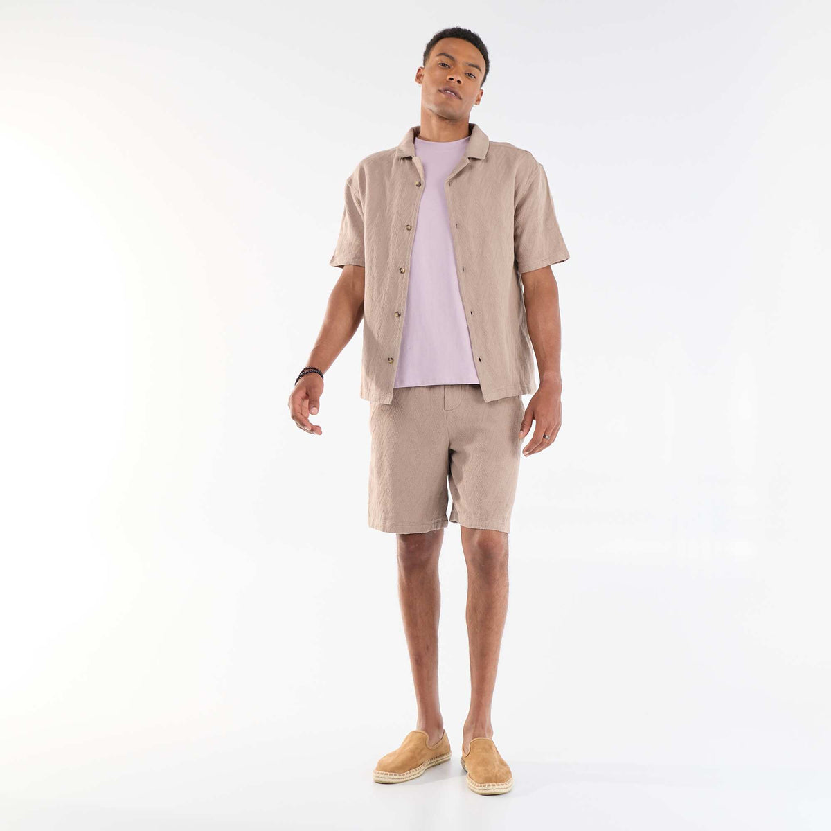 Camisa de manga corta de punto jacquard BEIGE