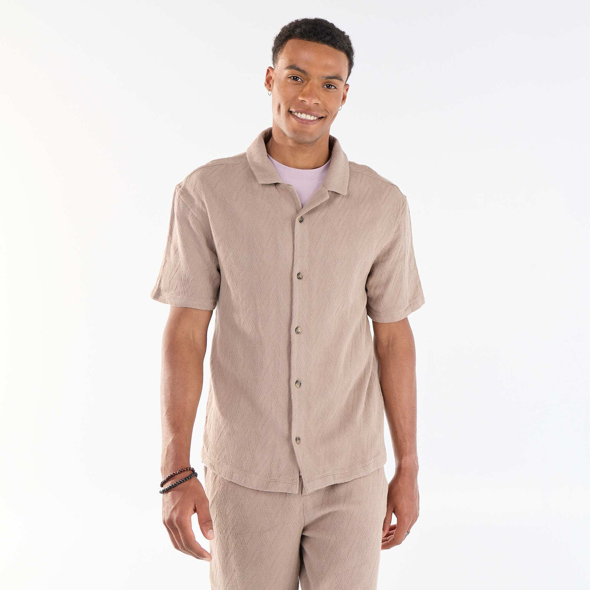 Camisa de manga corta de punto jacquard BEIGE