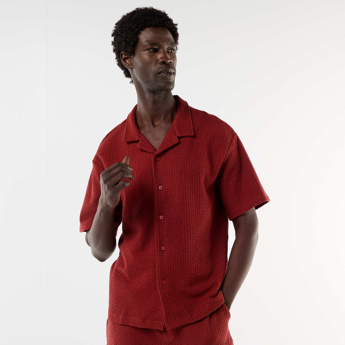 Camisa de punto gofrado de manga corta ROJO