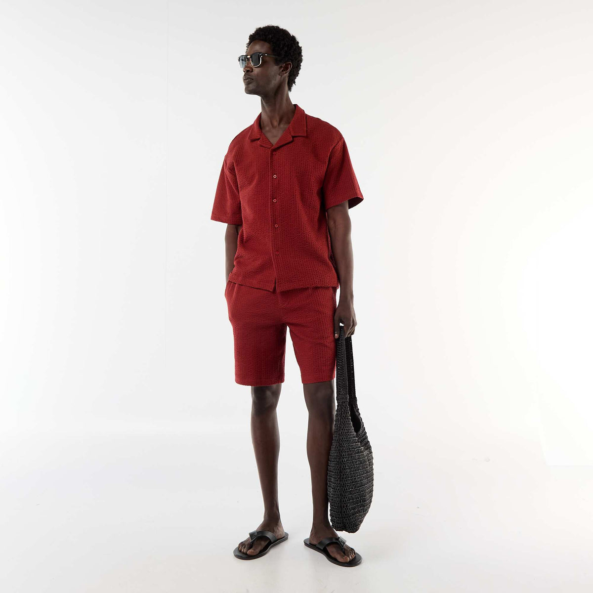 Camisa de punto gofrado de manga corta ROJO