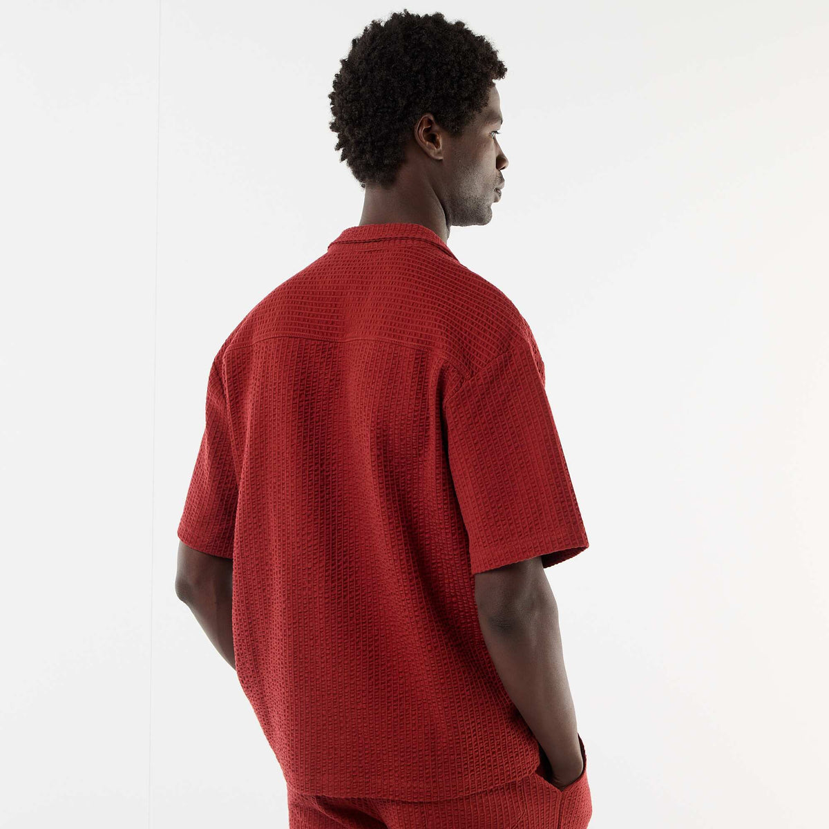 Camisa de punto gofrado de manga corta ROJO