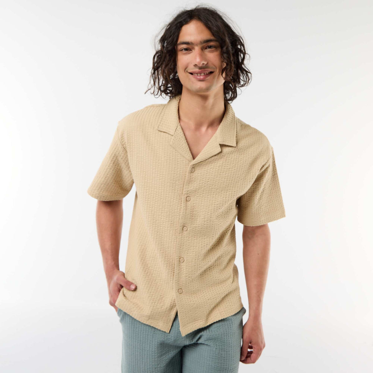 Camisa de punto gofrado de manga corta BEIGE
