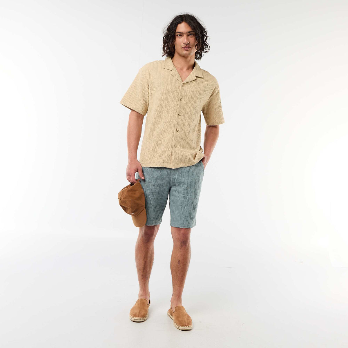 Camisa de punto gofrado de manga corta BEIGE