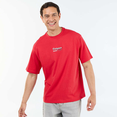 Camiseta de manga corta con estampados y bordados por delante y por detrás ROJO